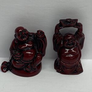 2 Buddha Figurines Red Resin Happy Statue Laughing Feng Shui Luck Shelf Sitters